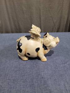 lot 632 image: Pig Figurine with Wings Black Spots Cream Colored