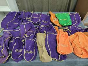 lot 638 image: Crown Royal Drawstring Bags Lot Purple Orange Green Gold Trim