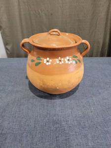 lot 645 image: Ceramic Covered Cooking Pot with Handles and Floral Decoration