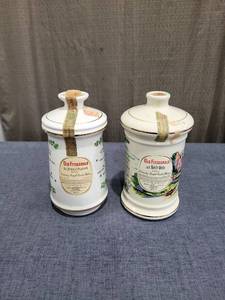 lot 668 image: Old Fitzgerald Distillery Ceramic Decanter Bottles Lot of 2 Leprechaun Irish Wish Empty