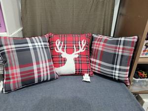 lot 730 image: Plaid Throw Pillows with Deer Head Design Set of 3
