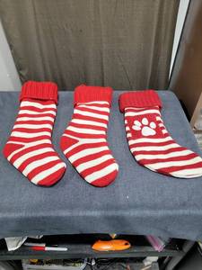 lot 732 image: 3 Pack Red White Striped Socks with Paw Print Design