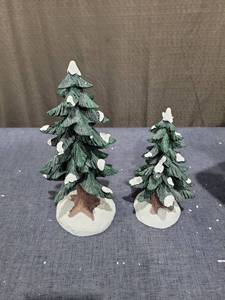 lot 742 image: St. Nicholas Square Village Collection 6 and 8 Snow-Topped Trees Set of 2