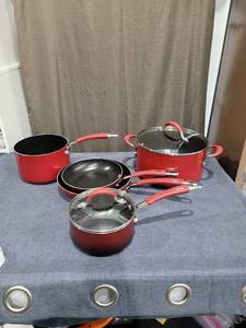 lot 751 image: Red Cookware Set  Pots Pans with Lids and Handles