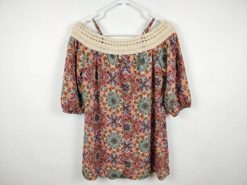 lot 25727 image: Trixxi Off-Shoulder Floral Print Blouse w Lace Neckline