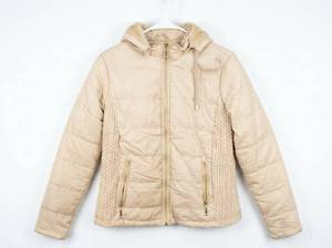 lot 25953 image: Cream Puffer Jacket w Hood & Cable Knit Sides, Size Small