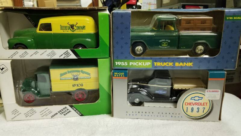 lot 1762 image: 4 each  Truck BanksLiberty 1937 ChevyErtl JD No. 103Ertl 1955 PickupErtl 1950 Chevy Panel, See Pix, NIB
