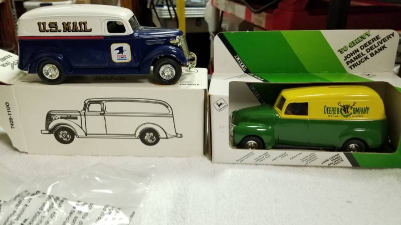 lot 1763 image: 2 each ERTL Truck Banks 1950 Chevy Panel Delivery  1938 Panel US Postal Truck Bank  125 scale, NIB