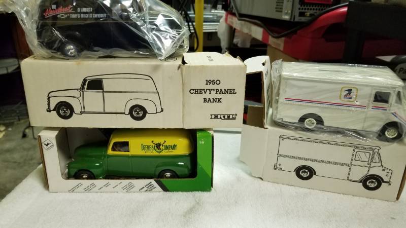 lot 1765 image: 3 each ERTL Bank Trucks 1950 Chevy Panel 1950 Chevy PanelUS Postal Walk-In Van Truck See Pix, NIB