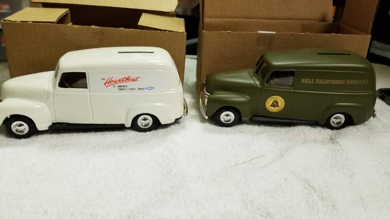 lot 1781 image: 2 each ERTL Panel Trucks Bell Telephone Co, Olive Drab Heartbeat of America, Cream NIB