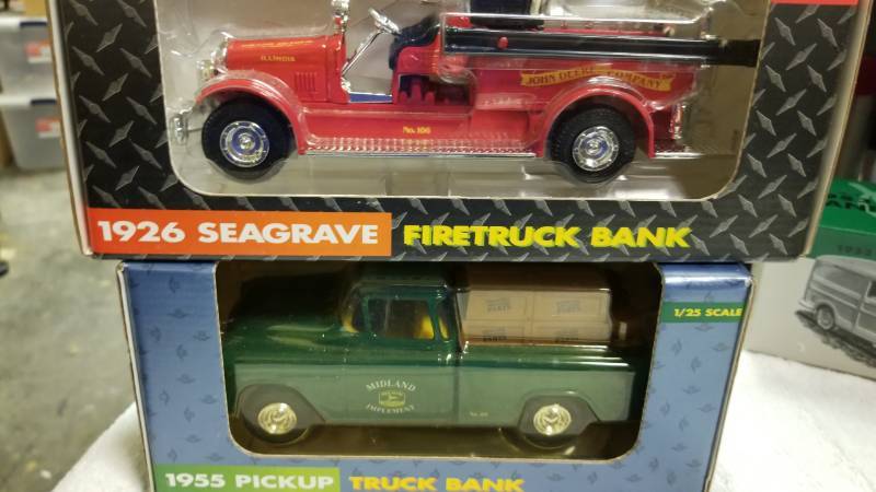 lot 1783 image: 2 each ERTL Bank Trucks, 1955 Chevy PU Bank, 125 scale 1926 Seagrave Firetruck, 130 scaleNIB