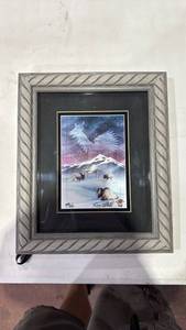 lot 43 image: Framed Signed Print Winter Mountain Wildlife Scene with Eagles and Bison