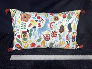 lot 53 image: Decorative Pillow with Floral and Animal Print Red Tassel Corners