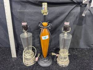 lot 72 image: Lot of 3 Table Lamps Glass &amp Wood Decorative Bases