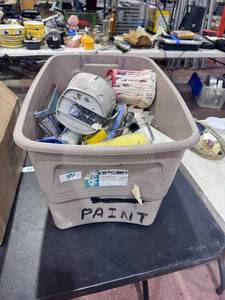 lot 91 image: Lot of Paint Supplies and Tools in Storage Container