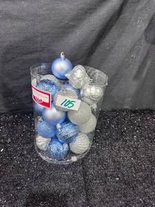 lot 105 image: Christmas Ornament Set Blue Silver Shatterproof Balls Figurines