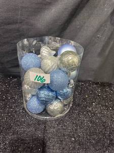 lot 106 image: Decorative Ornament Balls Assorted Styles Blue Gold Silver 100 Count