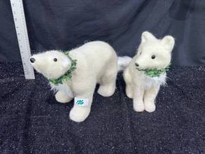 lot 126 image: White Fuzzy Polar Bear & Fox Holiday Figurines �� Set of 2