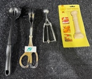 lot 129 image: Kitchen Gadget Lot Scissors Pasta Server Meat Tenderizer Garlic Press