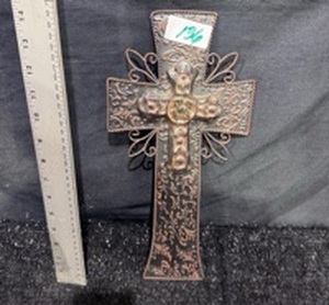 lot 136 image: Decorative Metal Cross with Ornate Relief Design and Angel Wings