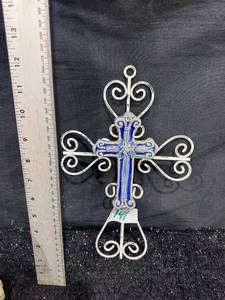 lot 141 image: Decorative Cross Pendant with Blue Enamel and Scrollwork Design