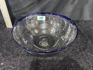 lot 149 image: Glass Bowl with Blue Rim Engraved Decorative Design