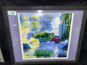 lot 166 image: Framed Landscape Print with Bridge and Water Garden Scene