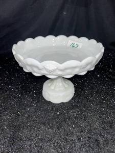 lot 167 image: Milk glass White Footed Compote Bowl with Shell and Leaf Design