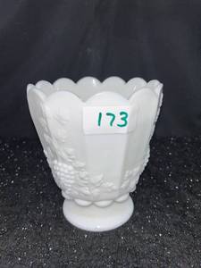 lot 173 image: White Milk Glass Footed Vase with Scalloped Rim and Embossed Leaf Design