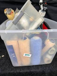 lot 253 image: Large Tote of Painting &amp Decorating Supplies  Rollers, Brushes &amp More