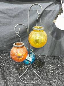 lot 273 image: Hanging Solar Lantern Set 3-Piece Tabletop Stand Orange Yellow Blue
