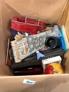 lot 304 image: Mixed Lot Box Decor Housewares Keyboard Glassware Sign and Misc Items Mystery box