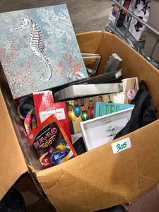 lot 305 image: Mystery Box Mixed Lot Wall Art, Holiday Time 8 Jumbo Lights, Bejeweled Twist Game & More