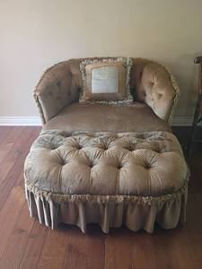 lot 1001 image: Upholstered Oversized Chair and Ottoman with Fringe Trim.  Chair height 31in.  Seat 34 x 31