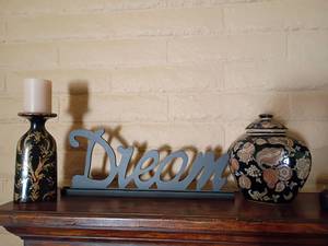lot 1014 image: Home Decor.  Candle Holder, Lidded Ginger Jar and Dream Sign.  Candle holder is 10in tall and Dream Sign is 21in long