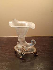 Vintage Clear Glass Cornucopia Vase or Candle Holder with Decorative Base.  6in tall