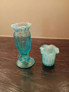lot 1020 image: Vintage Northwood Blue Opalescent Bud Vase, 5in. tall with a Blue Glass Toothpick Holder