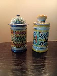 lot 1036 image: 2 Hand Painted Lidded Canisters.  Approximately 10in. tall
