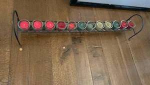 lot 1113 image: Votive Candles in Glass Holders with Metal Stand Red Green Cream 33 inches wide