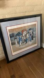lot 1114 image: Framed Wall decor Figures with Torch and Architectural Background 37X39 corner and top of the frame is damaged
