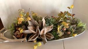 lot 1116 image: Faux Floral Arrangement with Succulents, Seed Pods, and Dried Botanicals in Decorative Boat Planter 29 inches