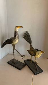 lot 1127 image: Bird Figurine Lot 2 Metal Sculptures Stand Mounted Decorative 19 inches tall and smaller