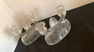 lot 1130 image: Vintage cut Glass Candelabras with Leaf Pattern