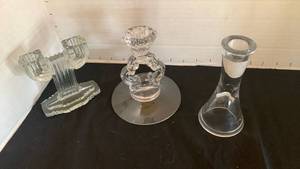 lot 1132 image: Anchor Hocking Clear Glass Candlestick Holder,  Cambridge keyhole candle stick holder and tapered glass candle stick holder