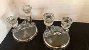 lot 1133 image: Vintage Glass Candelabra double Arm Candle Holders 5 inches tall
