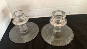 lot 1134 image: Vintage Glass Candlesticks with Etched Bases 3 inches tall