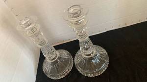 lot 1135 image: Pair of pressed Glass Candlesticks with Ribbed Base and Spiral Stem 9 inches tall