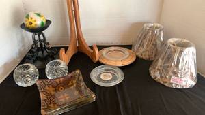 lot 1138 image: Home Decor Lot Lamp Shades 5 inch, easel, glass candle holders, butter dish and decorative square bowls