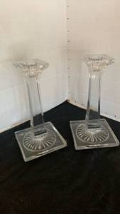 lot 1143 image: Pair of Tall Clear Glass Candlestick Holders with Square Bases 7 inches