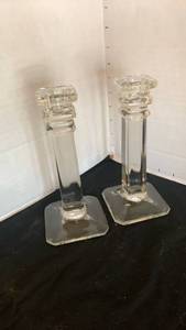 lot 1144 image: Clear Glass Candlestick Holders with Square Bases 7 inches tall